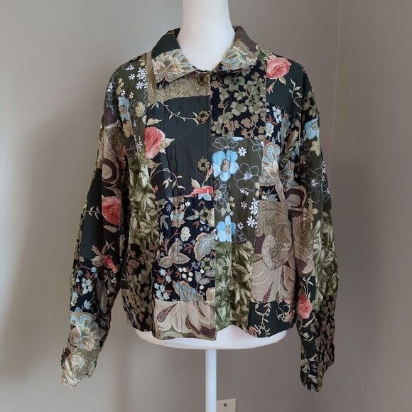 Vintage 90s Casual Studio Quilted Jacket Patchwork Floral Foliage Rose Medium - Picture 10 of 13
